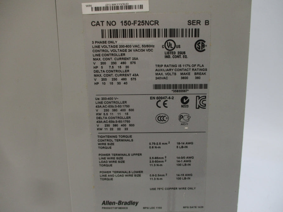 ALLEN BRADLEY 150-F25NCR SER. B F/W 6.008 200-600VAC 25A NSMP