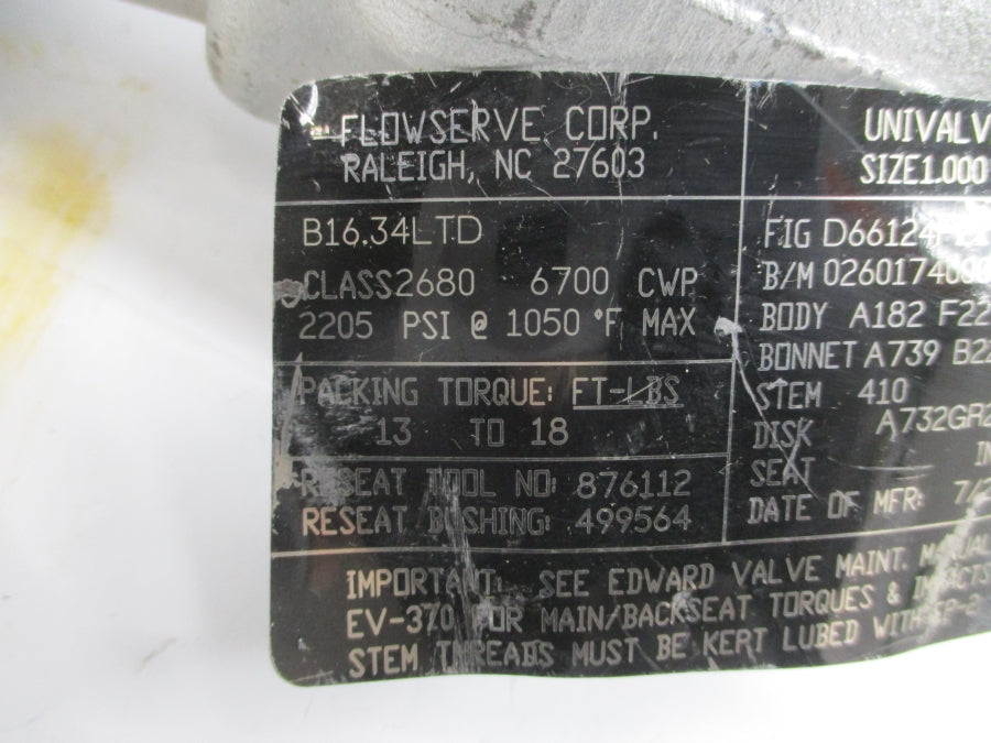 FLOWSERVE D66124F22 B16.34LTD 2205PSI 1.00" NSNP