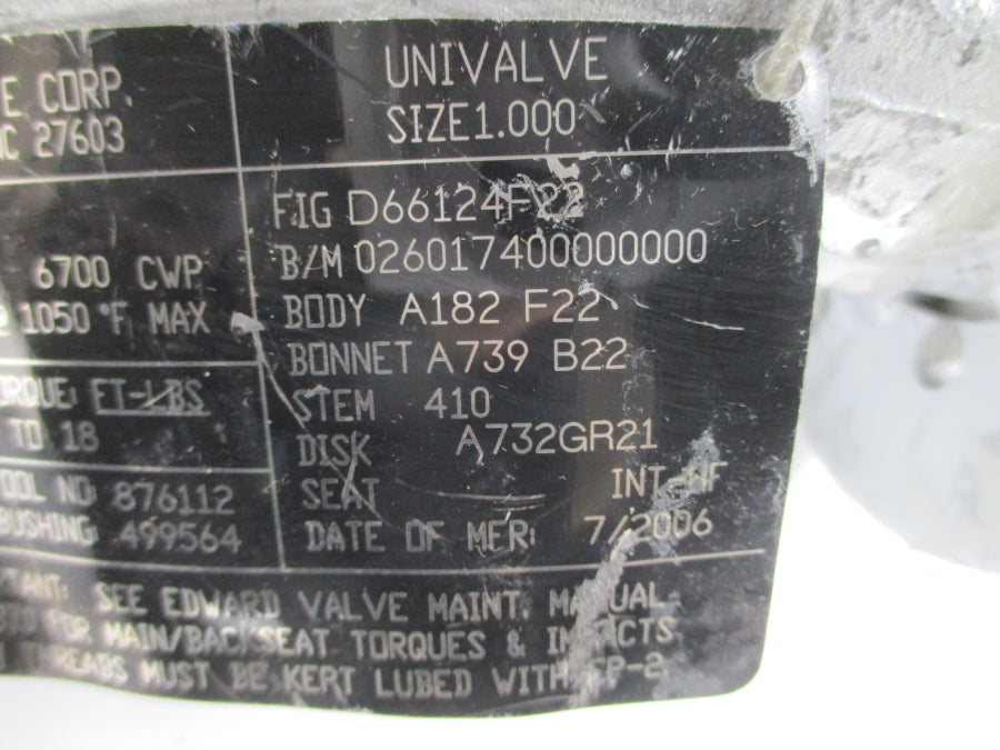 FLOWSERVE D66124F22 B16.34LTD 2205PSI 1.00" NSNP