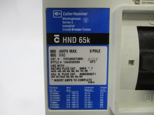CUTLER HAMMER HND3800T35W 1484D02G65 SER. C 600VAC 800A UNMP