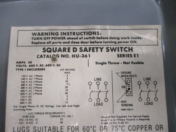 SQUARE D HU-361 SER. E1 600VAC 30A UNMP