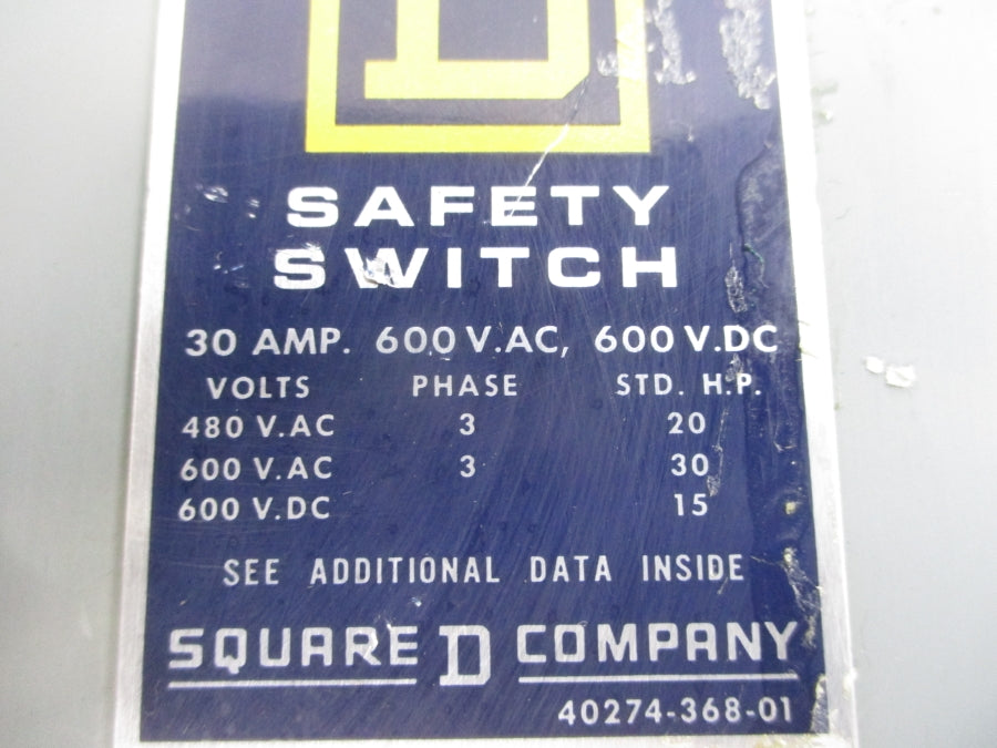 SQUARE D HU-361 SER. E1 600VAC 30A UNMP