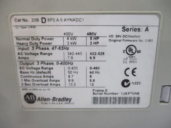 ALLEN BRADLEY 20BD8P0A0AYNADC1 SER. A F/W 3.003 432-528VAC 6.9A NSMP