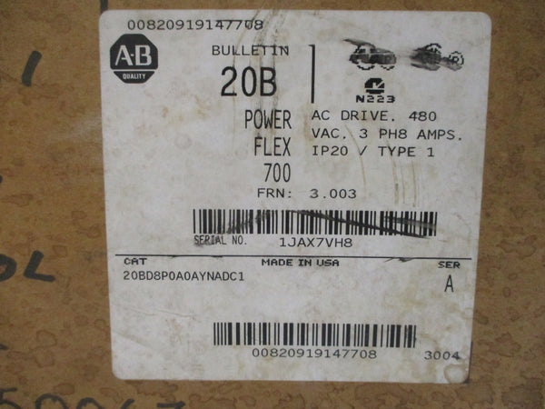 ALLEN BRADLEY 20BD8P0A0AYNADC1 SER. A F/W 3.003 432-528VAC 6.9A NSMP