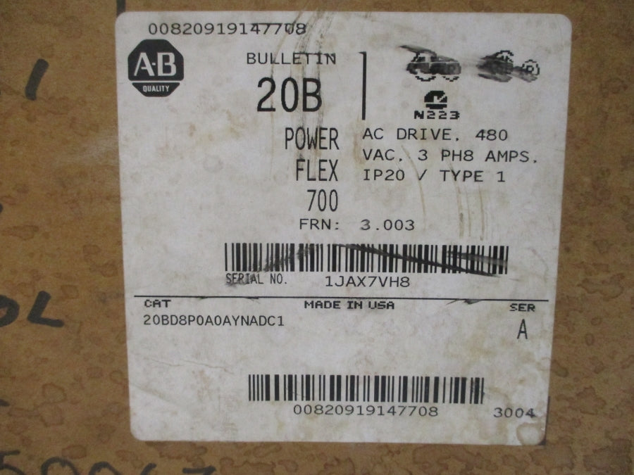 ALLEN BRADLEY 20BD8P0A0AYNADC1 SER. A F/W 3.003 432-528VAC 6.9A NSMP