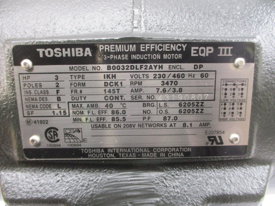 TOSHIBA B0032DLF2AYH 230/460V 7.6/3.8A NSMP