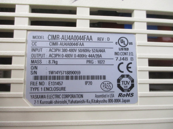 YASKAWA CIMR-AU4A0044FAA 380-480VAC 52/44A REV. D UNMP