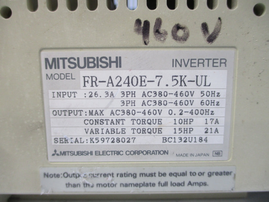MITSUBISHI FR-A240E-7.5K-UL 380-460VAC 26.3A (AS PICTURED) UNMP