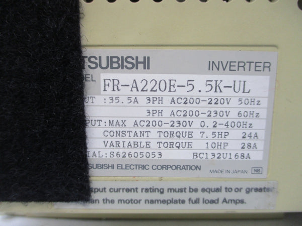 MITSUBISHI FR-A220E-5.5K-UL 200-220VAC 35.5A (MISSING COVER) UNMP