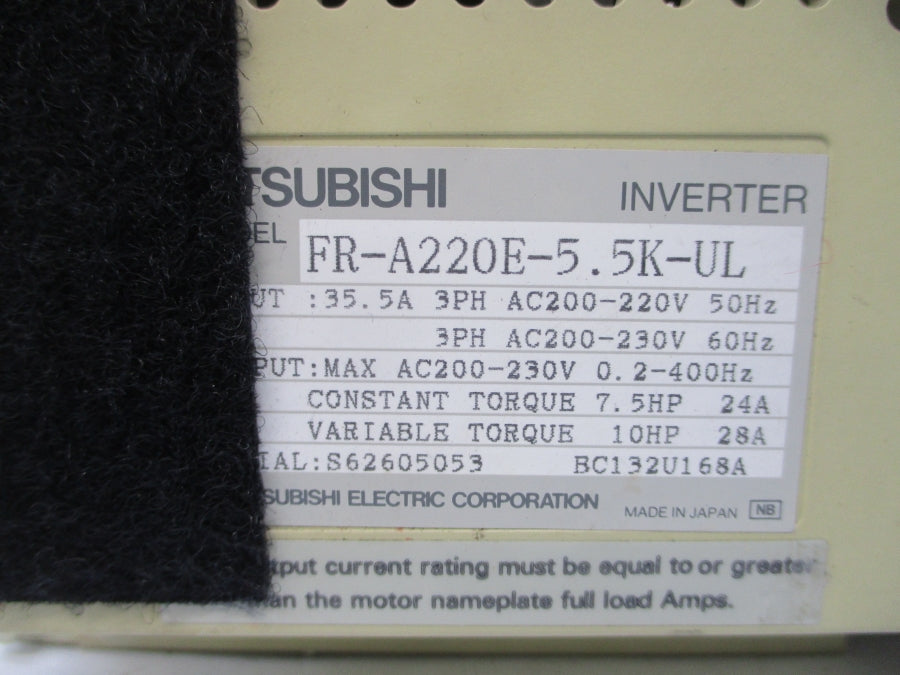 MITSUBISHI FR-A220E-5.5K-UL 200-220VAC 35.5A (MISSING COVER) UNMP