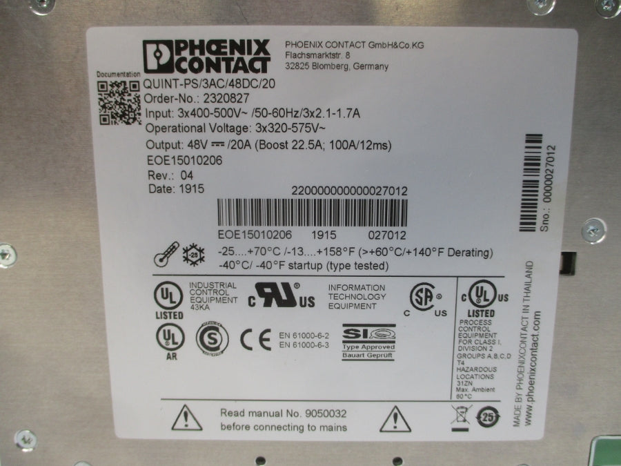 PHOENIX CONTACT QUINT-PS/3AC/48DC/20 2320827 400-500V 2.1-1.7A REV. 04 NSMP