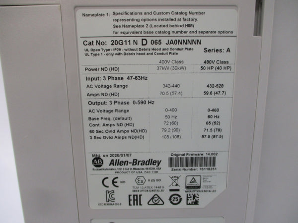 ALLEN BRADLEY 20G11ND065JA0NNNNN SER. A F/W 14.002 432-528VAC 59.6A NSNP