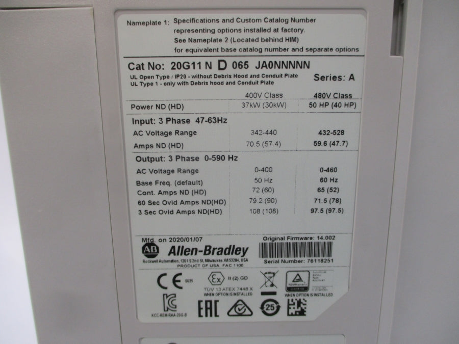 ALLEN BRADLEY 20G11ND065JA0NNNNN SER. A F/W 14.002 432-528VAC 59.6A NSNP