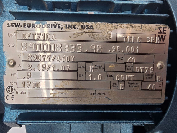 SEW-EURODRIVE DFT71D4 230/460V 2.15/1.07A NSNP