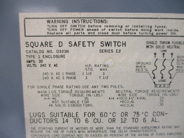 SQUARE D D321N SER. E2 240VAC 30A NSNP