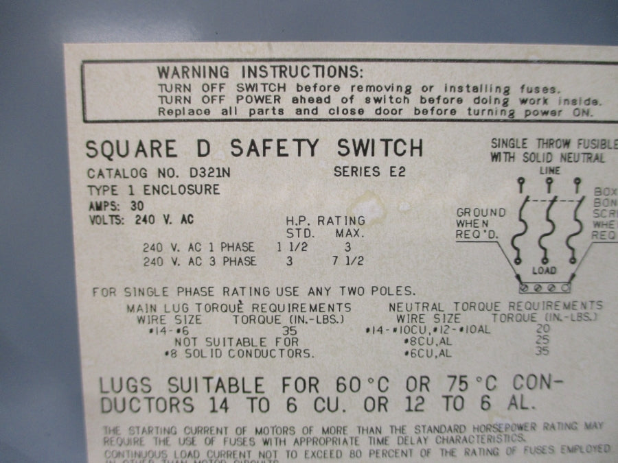 SQUARE D D321N SER. E2 240VAC 30A NSNP