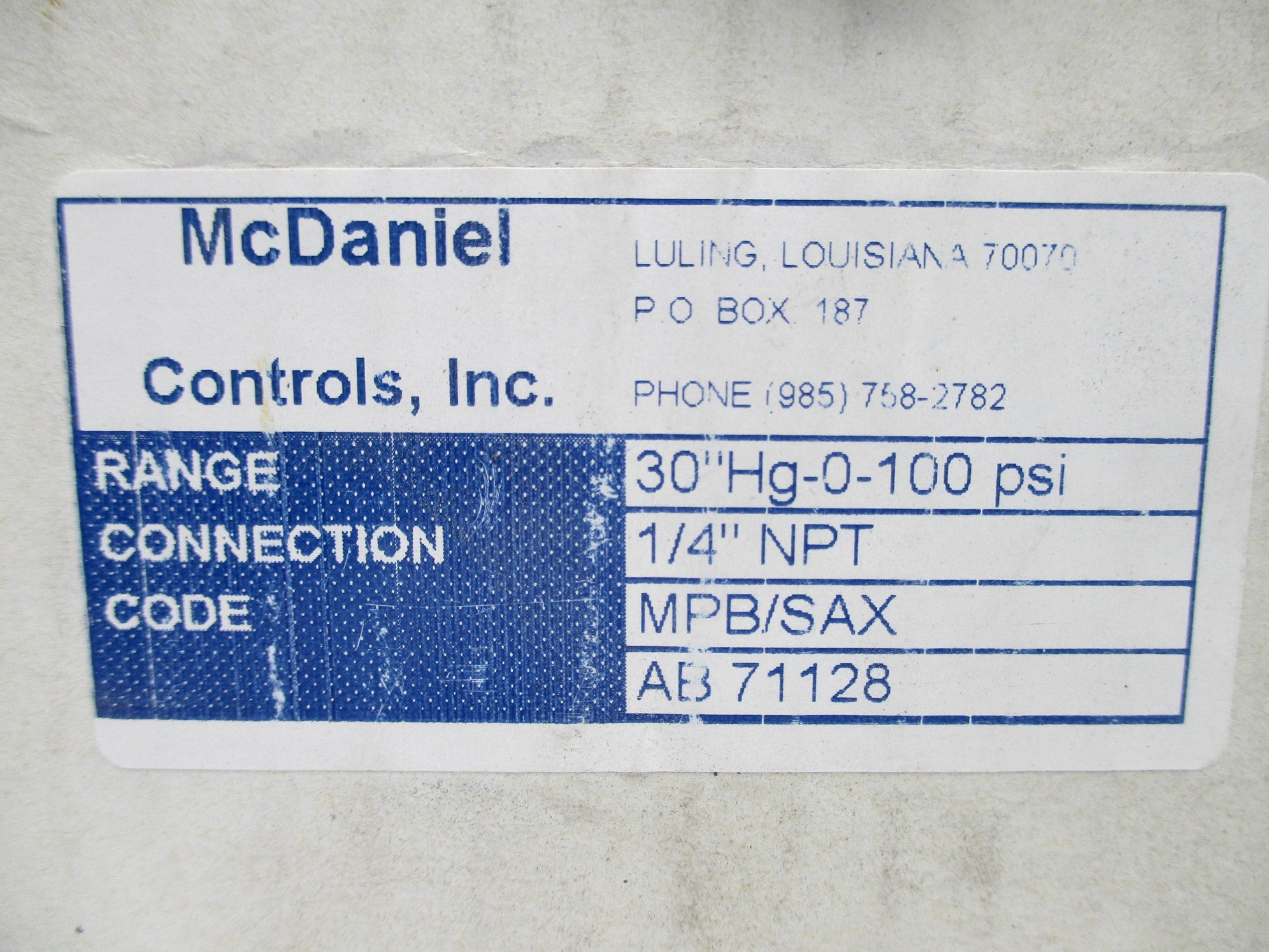 MCDANIEL CONTROLS MPB/SAX 30"HG-0-100PSI NSMP