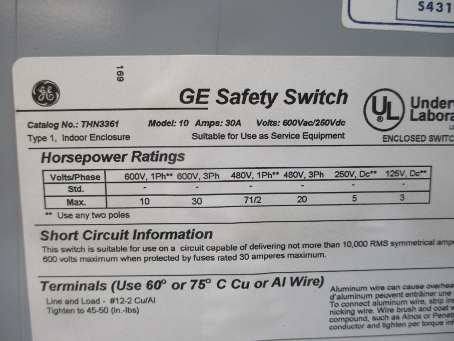 GENERAL ELECTRIC THN3361 600VAC 30A UNMP