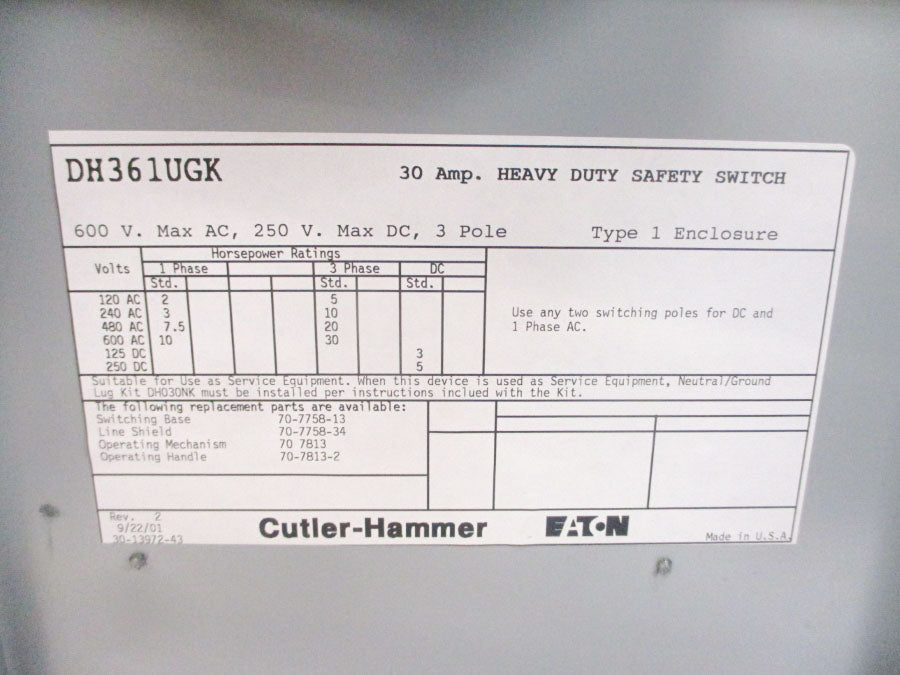 CUTLER HAMMER DH361UGK 600VAC 30A NSMP