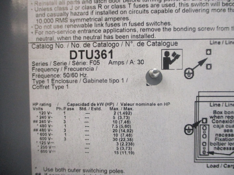 SQUARE D DTU361 SER. F05 600VAC 30A NSNP