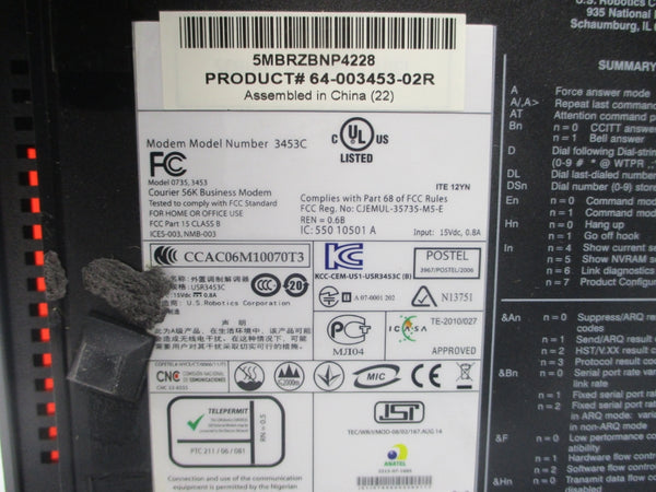 US ROBOTICS 3453C 64-003453-02R 5MBRZBNP4228 15VDC 0.8A NSNP