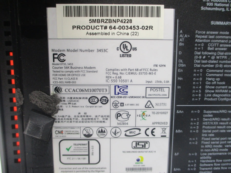 US ROBOTICS 3453C 64-003453-02R 5MBRZBNP4228 15VDC 0.8A NSNP