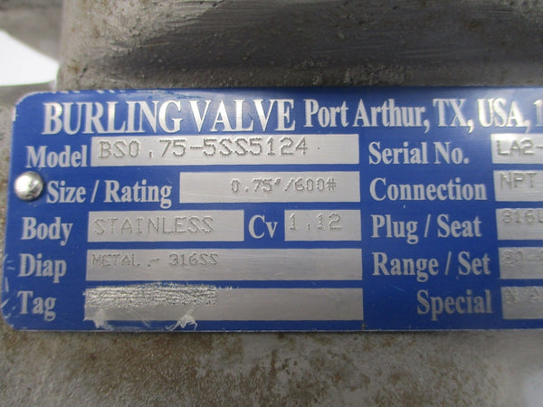 BURLING VALVE BS0.75-5SS5124 20-80PSI 0.75" NSNP