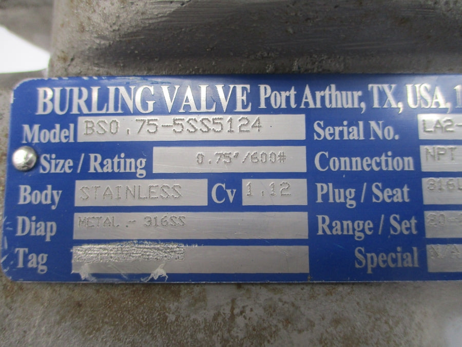 BURLING VALVE BS0.75-5SS5124 20-80PSI 0.75" NSNP
