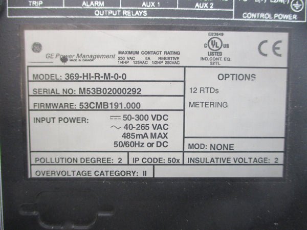 GENERAL ELECTRIC 369-HI-R-M-0-0 F/W 53CMB191.000 40-265VAC NSNP