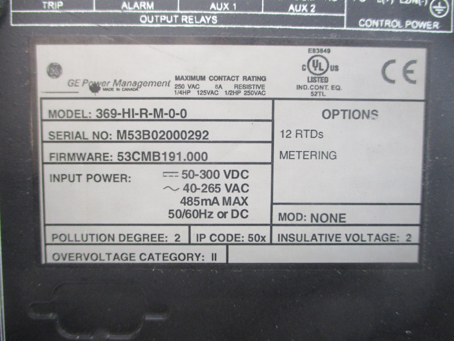 GENERAL ELECTRIC 369-HI-R-M-0-0 F/W 53CMB191.000 40-265VAC NSNP