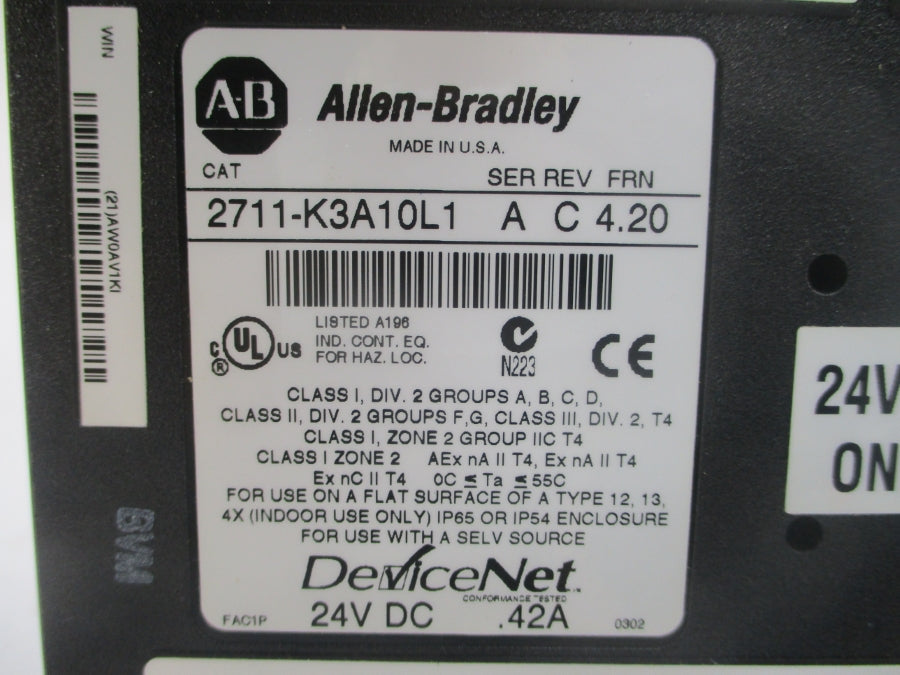 INDUSTRIAL SPARE PART 2711-K3A10L1 SER. A F/W 4.20 24VDC .42A REV. C NSMP