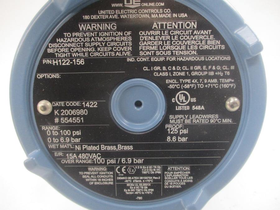 UNITED ELECTRIC CONTROLS H122-156 480VAC 15A 0-100PSI NSMP