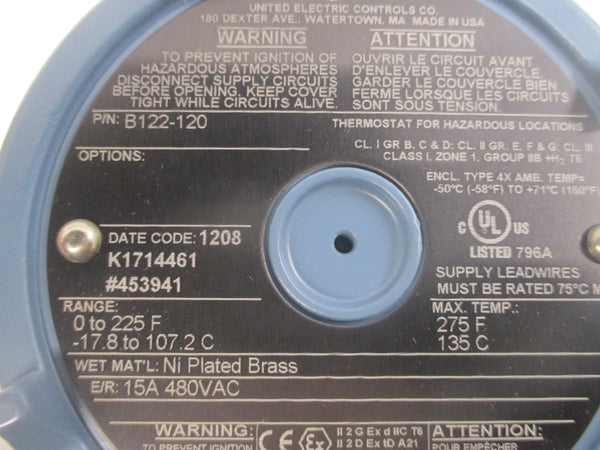 UNITED ELECTRIC CONTROLS B122-120 480VAC 15A NSMP