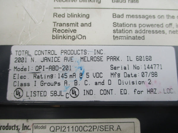 TOTAL CONTROL PRODUCTS QPI21100C2P SER. A 120VAC UNMP