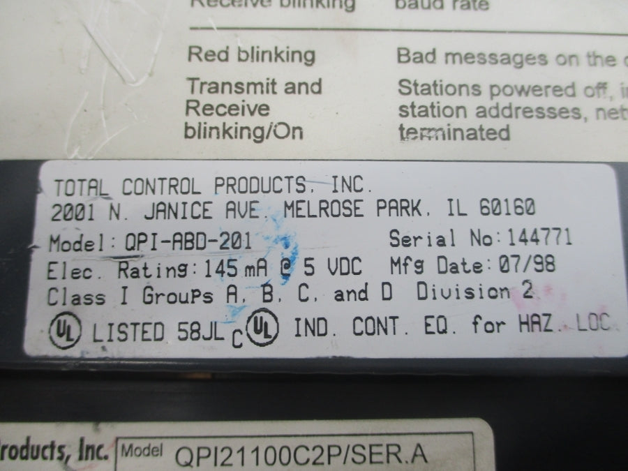 TOTAL CONTROL PRODUCTS QPI21100C2P SER. A 120VAC UNMP
