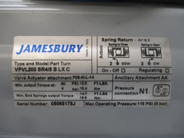 JAMESBURY VPVL200 4AB3600XTB2 QZM2VB1DSS 125/250VAC 10A 350/1200PSI 1" NSNP