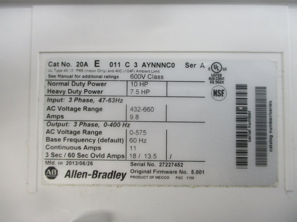 INDUSTRIAL SPARE PART 20AE011C3AYNNNC0 SER. A F/W 5.001 432-660VAC 9.8A NSNP