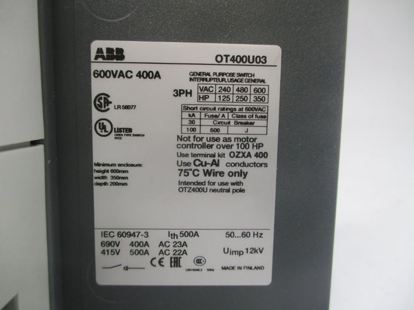 ABB OT400U03 1SCA022747R6490 600VAC 400A NSMP