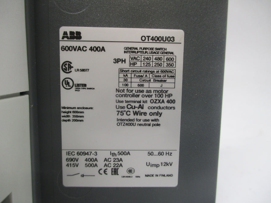 ABB OT400U03 1SCA022747R6490 600VAC 400A NSMP