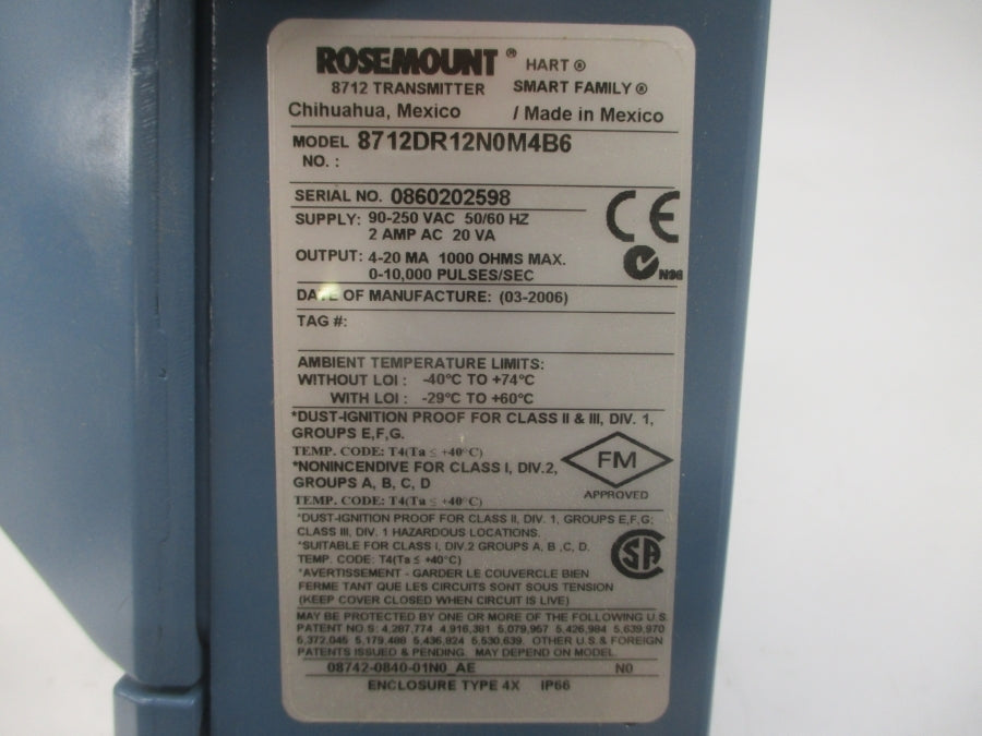 ROSEMOUNT 8712DR12N0M4B6 90-250VAC 2A NSMP