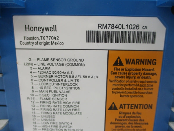HONEYWELL RM7840L1026 F/W 5029 120VAC 9.8A REV. C NSMP