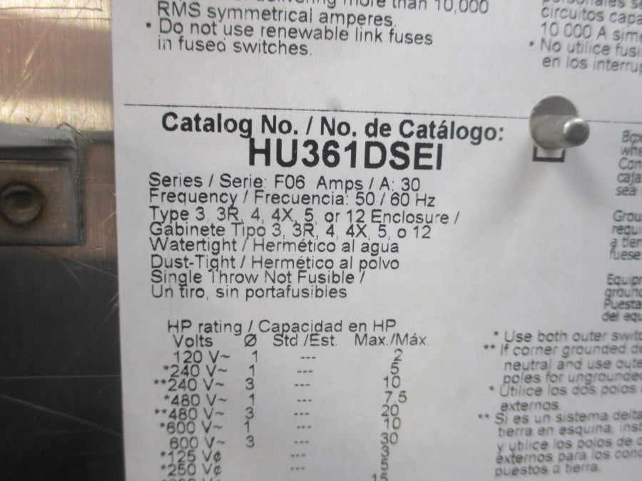 SQUARE D HU361DSEI SER. F06 600VAC 30A UNMP