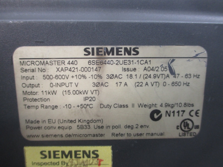 SIEMENS 6SE6440-2UE31-1CA1 500-600VAC 18.1A (MISSING COVER) UNMP