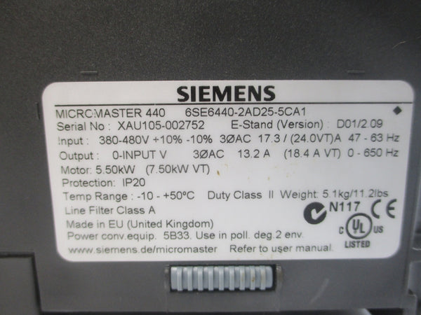 SIEMENS 6SE6440-2AD25-5CA1 380-480VAC 17.3A (AS PICTURED) UNMP