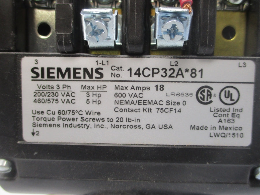 SIEMENS 14CP32AA81 SER. C 110-120/220-240VAC 18A NSMP