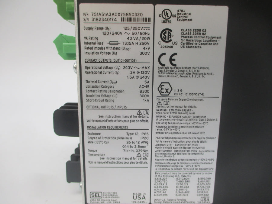 SEL SEL-751A 751A51A3A0X75850320 125/250V 1.5/3A NSNP