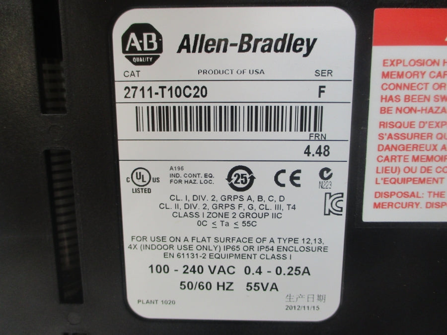 INDUSTRIAL SPARE PART 2711-T10C20 SER. F F/W 4.48 100-240VAC 0.4-0.25A NSNP