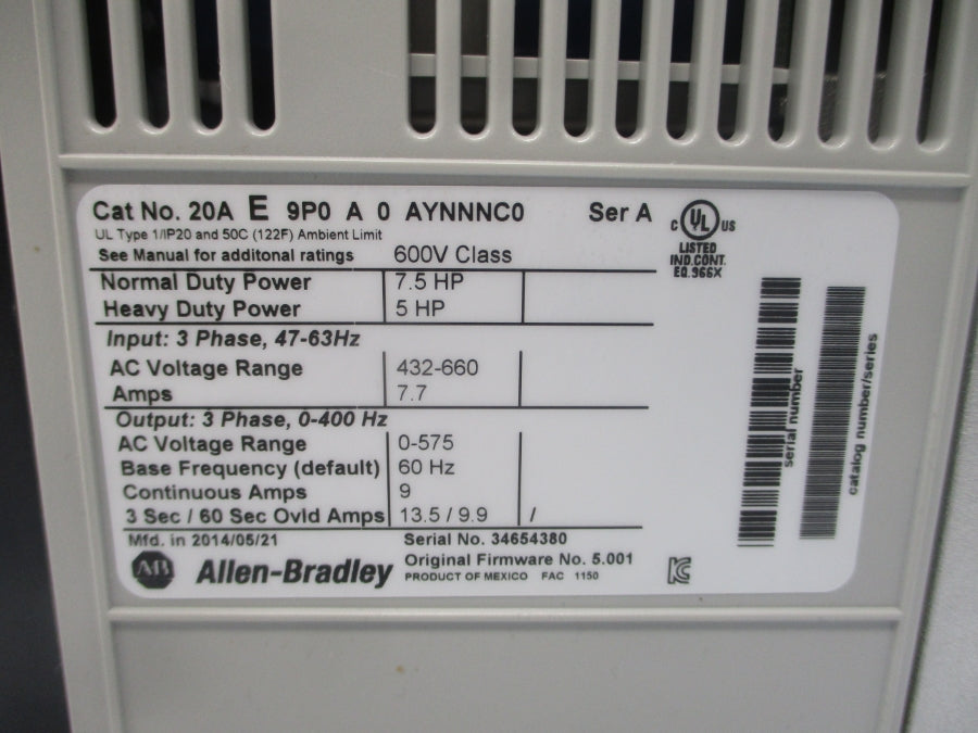 INDUSTRIAL SPARE PART 20AE9P0A0AYNNNC0 SER. A F/W 5.001 432-660VAC 7.7A NSNP