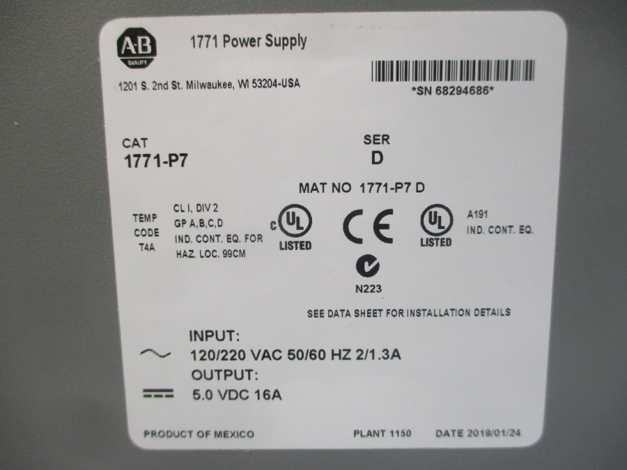 INDUSTRIAL SPARE PART 1771-P7 SER. D 120/220VAC 2/1.3A NSNP