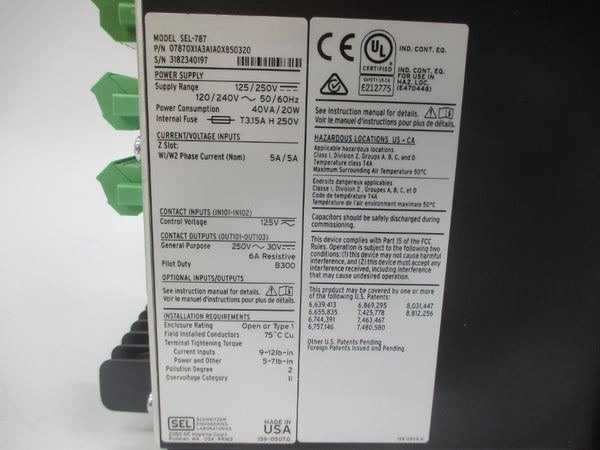 SEL SEL-787 07870X1A3A1A0X850320 125/250V 5A NSMP
